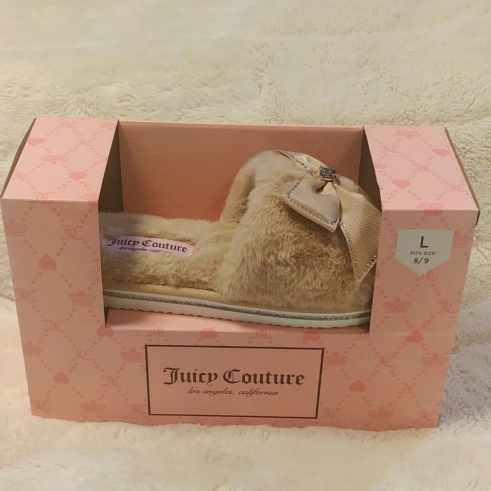 NWT Juicy Couture Satin Bow Open Toe Fluffy Slippers Natural Light Tan
